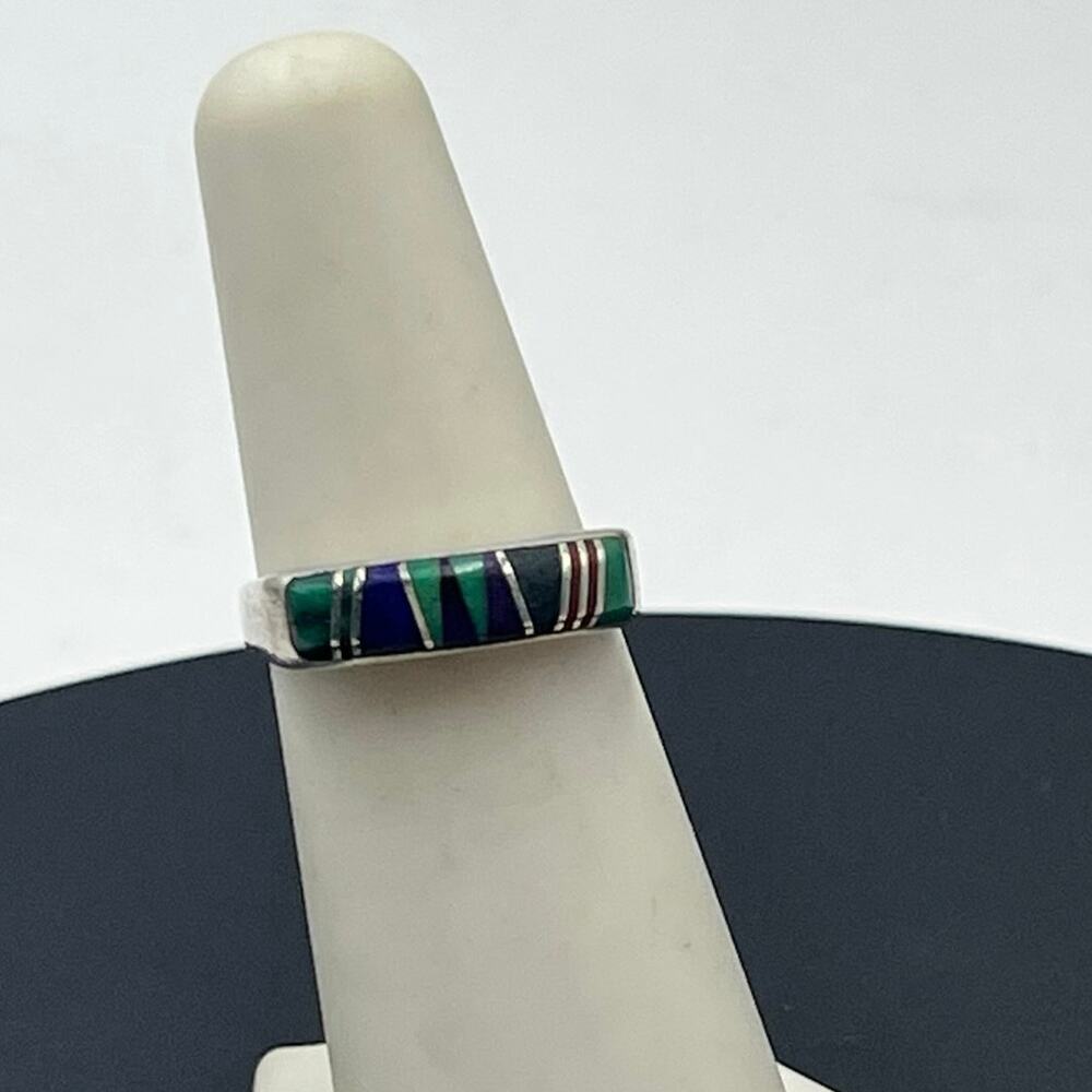 Vintage Zuni Style Sterling Multi-Stone Inlay Turquoise Lapis Malachite Ring 6